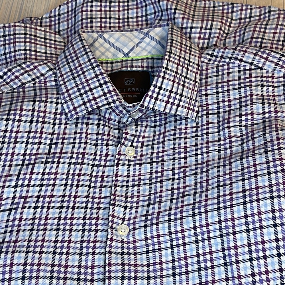 Tattersall blue plaid long sleeve button front‎ shirt size 16-16 1/2